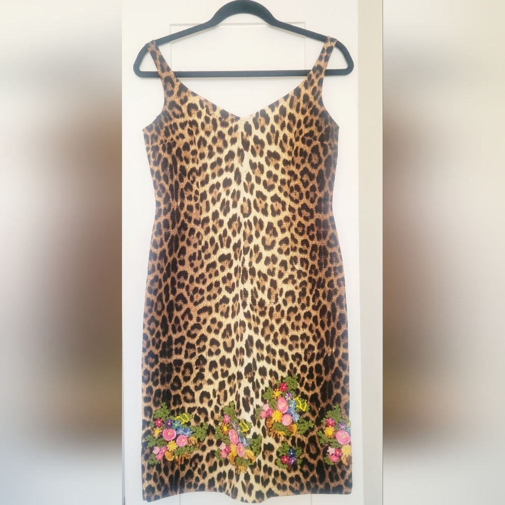 Vintage MOSCHINO Cheap & Chic Leopard Print Dress with Floral Embroidery, Sz 8